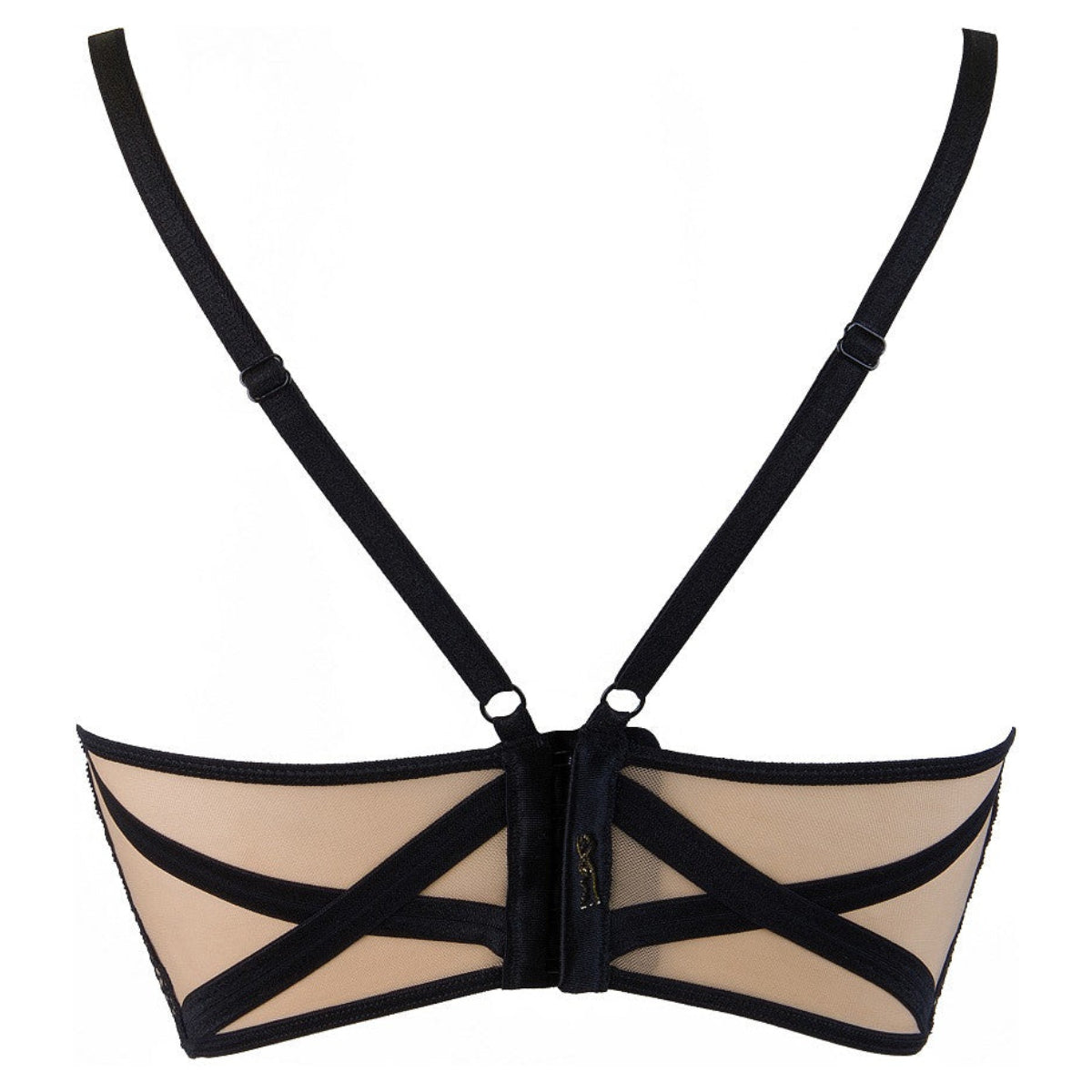 Axami V-9631 schwarzes Bustier in Rückansicht mit überkreuzten Riemen, transparentem Tüll und verstellbaren Trägern