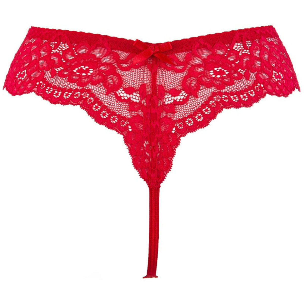 Axami V-9698 roter Spitzen-String in Rückansicht mit schmalem T-Schnitt und feiner Spitzenverarbeitung