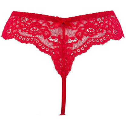 Axami V-9698 roter Spitzen-String in Rückansicht mit schmalem T-Schnitt und feiner Spitzenverarbeitung