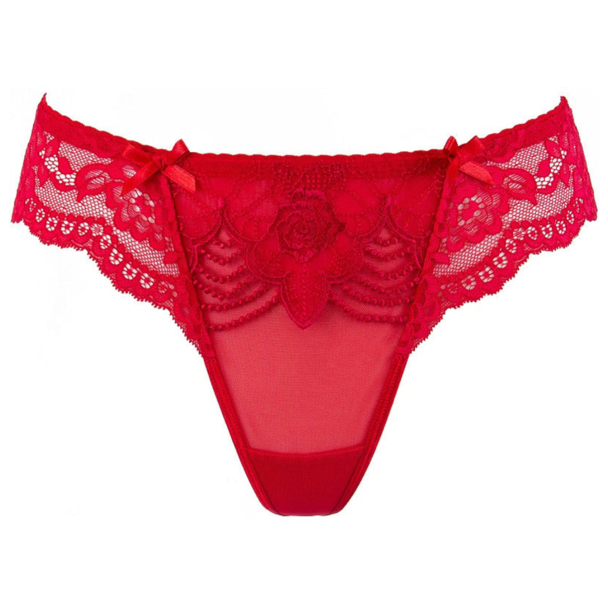 Axami V-9698 roter Spitzen-String in Vorderansicht mit floraler Spitze und körpernahem Schnitt