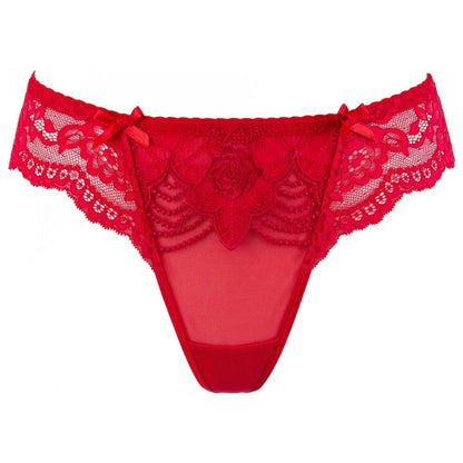 Axami V-9698 roter Spitzen-String in Vorderansicht mit floraler Spitze und körpernahem Schnitt