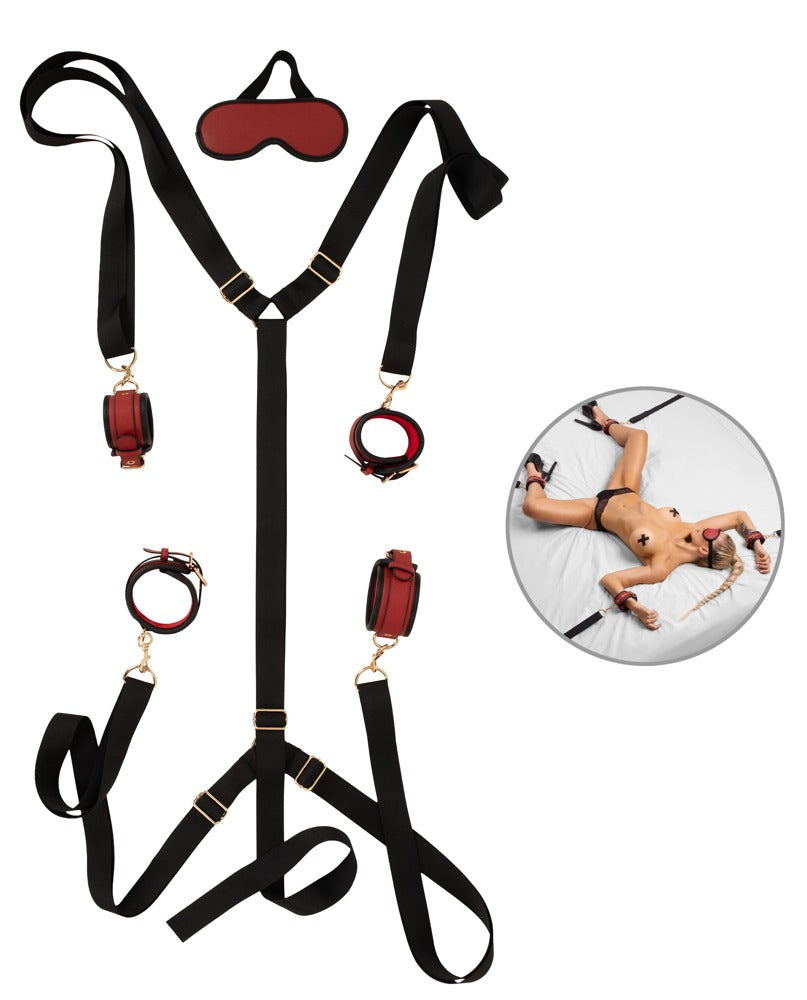 Lieferumfang des Bad Kitty Bettfessel-Sets Deluxe mit Gurtkreuz, vier Fesseln und Augenmaske