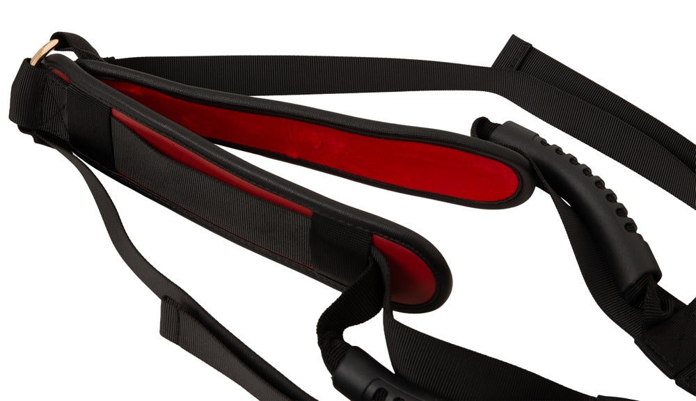 Detailansicht der schwarzen Gurte und roten Polster des Bad Kitty Body Swing Deluxe