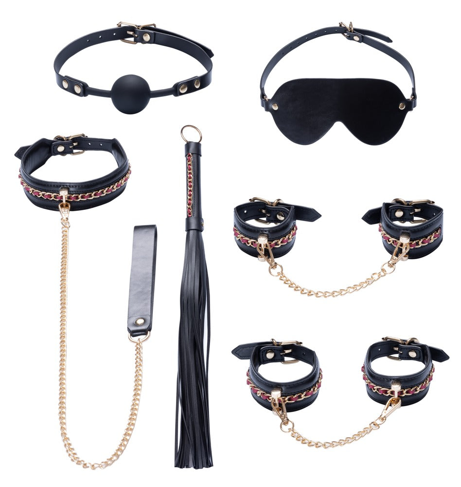 Lieferumfang des Bad Kitty Bondage-Sets 6-teilig mit Knebel, Flogger und Zubehör
