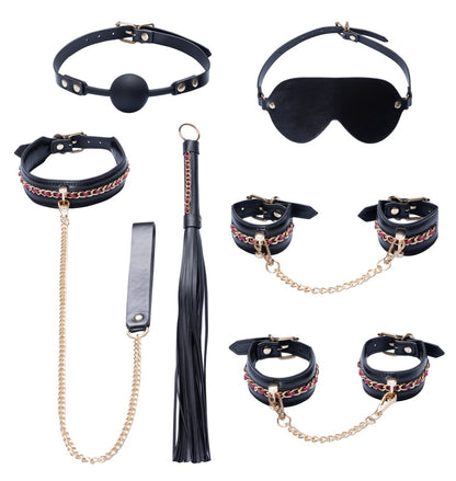 Lieferumfang des Bad Kitty Bondage-Sets 6-teilig mit Knebel, Flogger und Zubehör