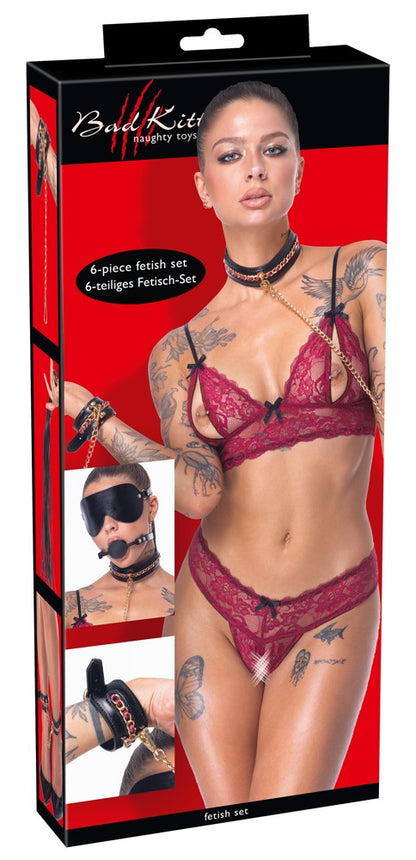 Produktverpackung des Bad Kitty Bondage-Sets 6-teilig mit Knebel und Flogger