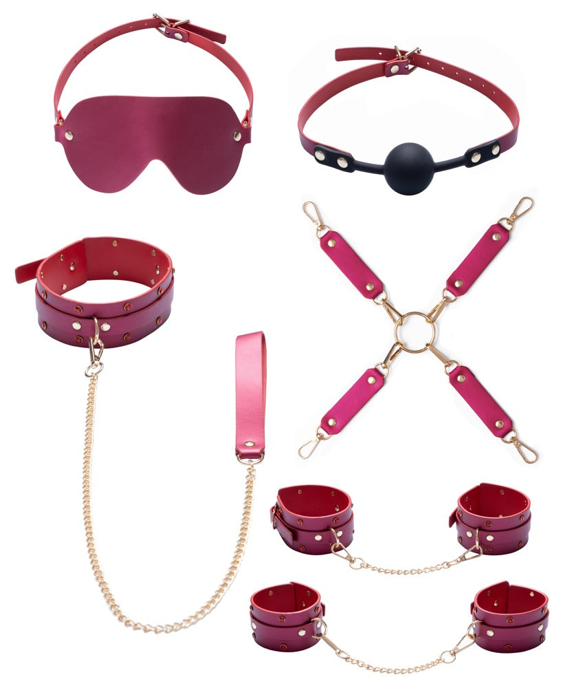 Lieferumfang des Bad Kitty Bondage-Sets 6-teilig Pink Pearl mit Hogtie und Zubehör
