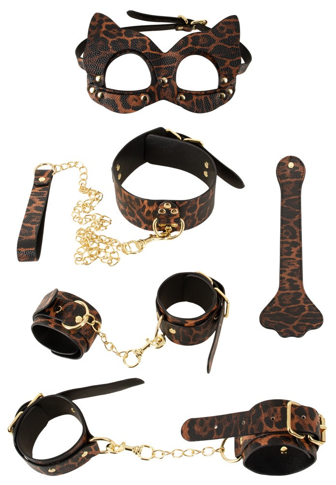 Bad Kitty 6-teiliges Bondage-Set im Leo-Look – komplette Ausstattung mit Fesseln, Halsfessel, Maske und Paddel
