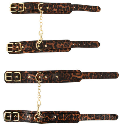 Bad Kitty Bondage-Fesseln im Leo-Look – Detailübersicht mit verstellbaren Manschetten und goldfarbenen Ketten