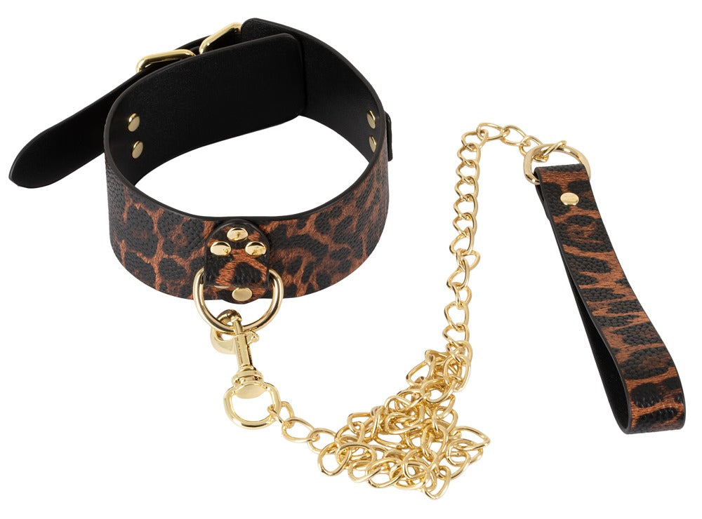 Bad Kitty Halsfessel im Leo-Look mit abnehmbarer goldfarbener Kettenleine und Karabiner