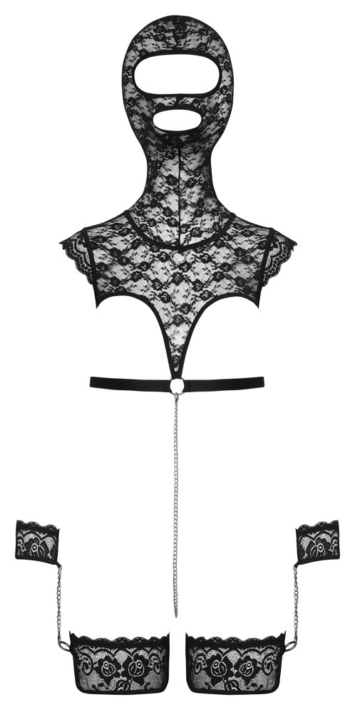 Bad Kitty Bondage-Spitzen-Set mit Kopfmaske, Spitzenfesseln und Schrittkette als Komplettansicht