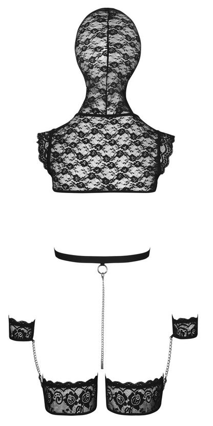 Rückansicht des Bad Kitty Bondage-Spitzen-Sets mit integrierter Kopfmaske