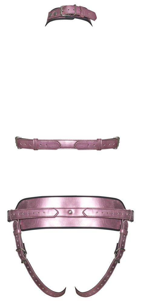 Rückansicht des Bad Kitty Brust-Harness und Strap-on-Jock Sets in Rosé-Metallic