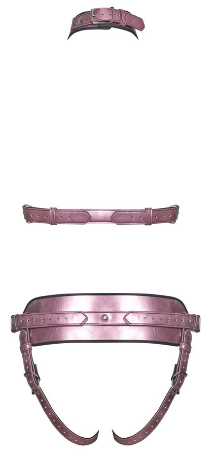 Rückansicht des Bad Kitty Brust-Harness und Strap-on-Jock Sets in Rosé-Metallic