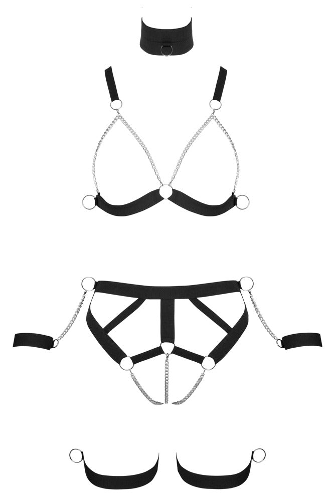 Bad Kitty Brust- und Hüft-Harness Set mit Hals- und Handfesseln als Komplettansicht