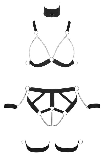 Bad Kitty Brust- und Hüft-Harness Set mit Hals- und Handfesseln als Komplettansicht