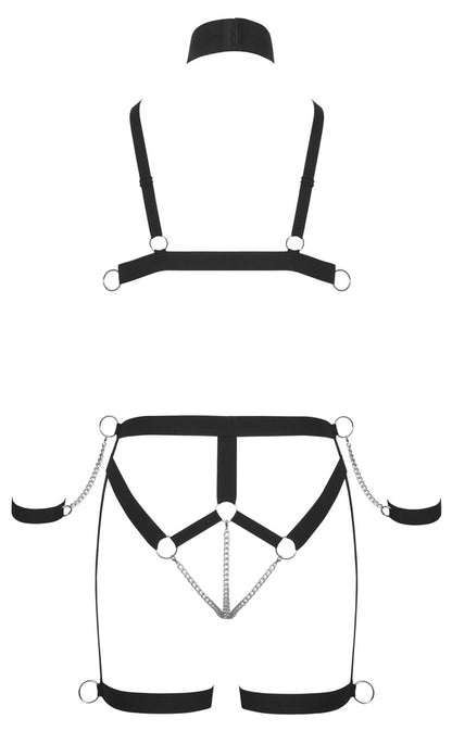 Rückansicht des Bad Kitty Brust- und Hüft-Harness Sets mit Hals- und Handfesseln