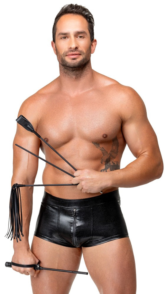 Mann mit Flogger aus dem Bad Kitty Crop Set in der Vorderansicht