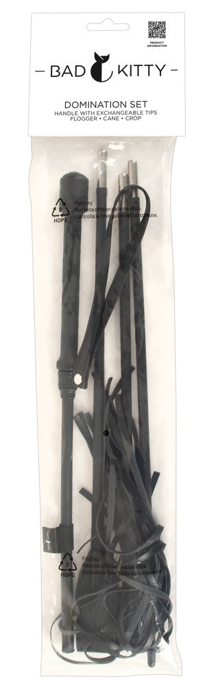 Verpackte Produktansicht des Bad Kitty Crop Sets mit Flogger, Gerte und Rohrstock