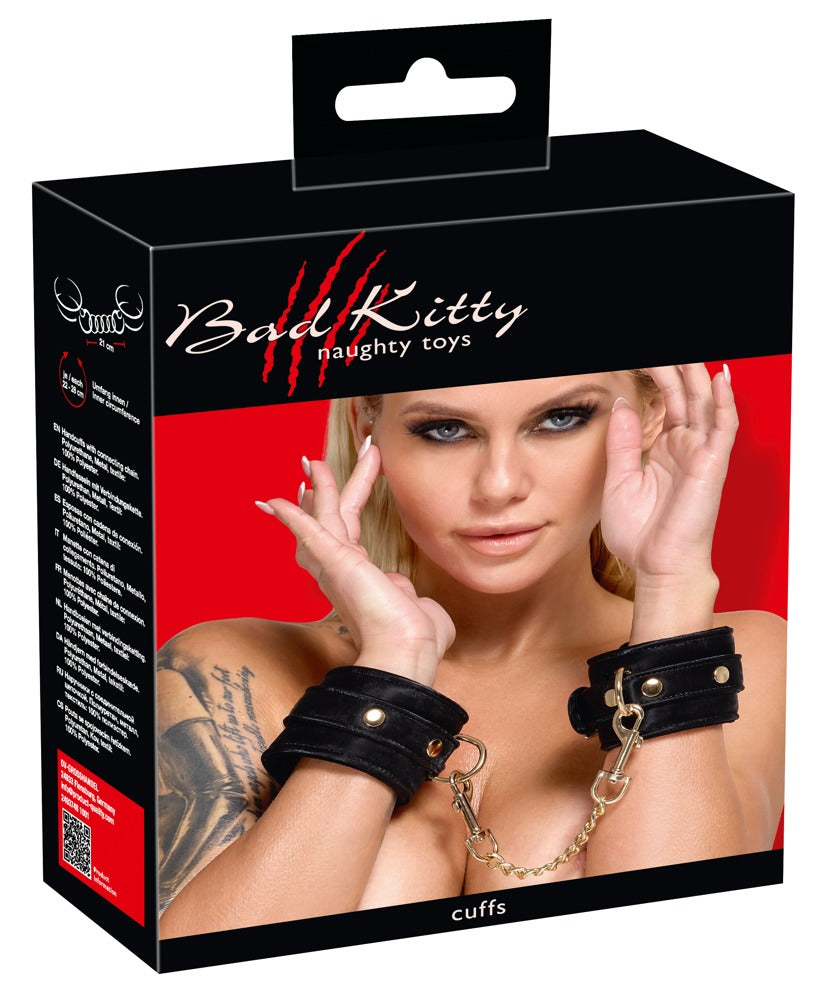 Produktverpackung der Bad Kitty Handfesseln in Schwarz mit Gold-Details