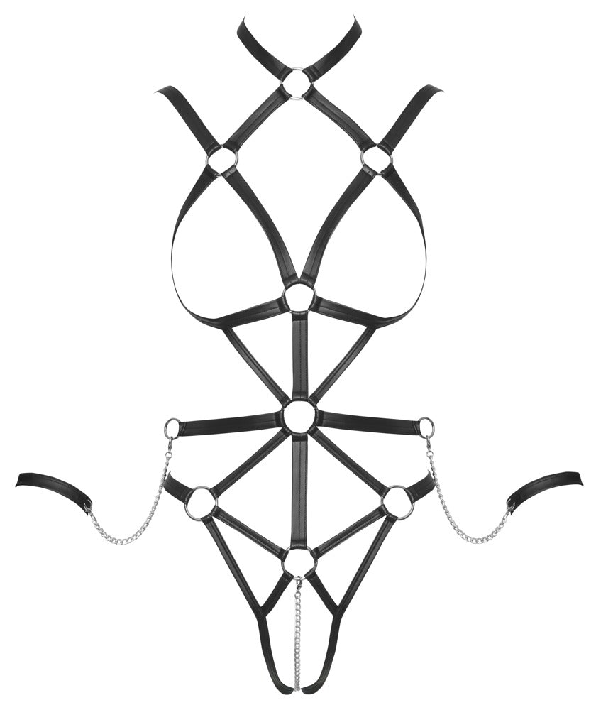 Vorderansicht des Bad Kitty Harness-Bodys ouvert mit weichen Riemen, Schrittkette und Handfesseln