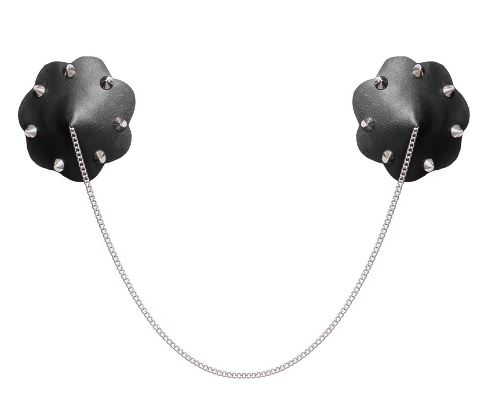 Bad Kitty Nipple Stickers with Chain – Freisteller der beiden schwarzen Cover mit Spikes und feiner Verbindungskette