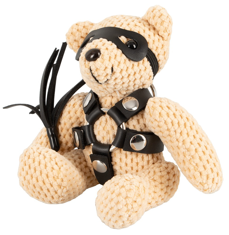 Bad Kitty SM-Teddy Schlüsselanhänger mit schwarzem Harness in schräger Rückansicht