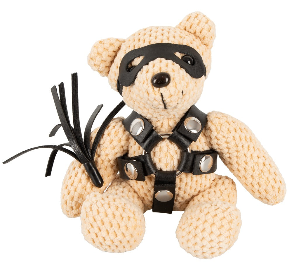Bad Kitty SM-Teddy Schlüsselanhänger mit schwarzem Harness in der Vorderansicht
