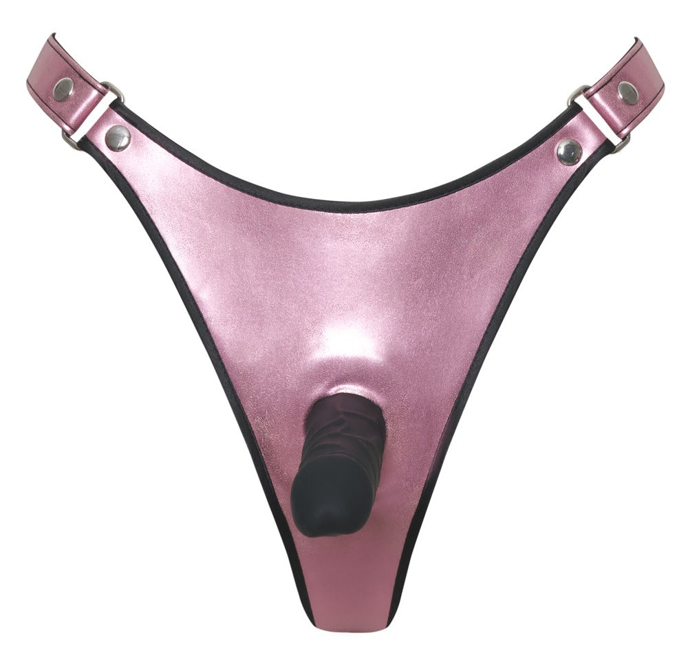 Bad Kitty Strap-on-String in Rosé-Metallic mit integriertem Silikon-Dildo Vorderansicht