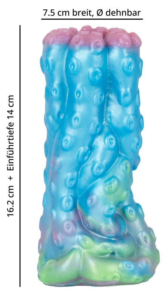Maßgrafik des Beasty Cocks Cecaelia Stroker mit Gesamtlänge, Einführtiefe und Breite