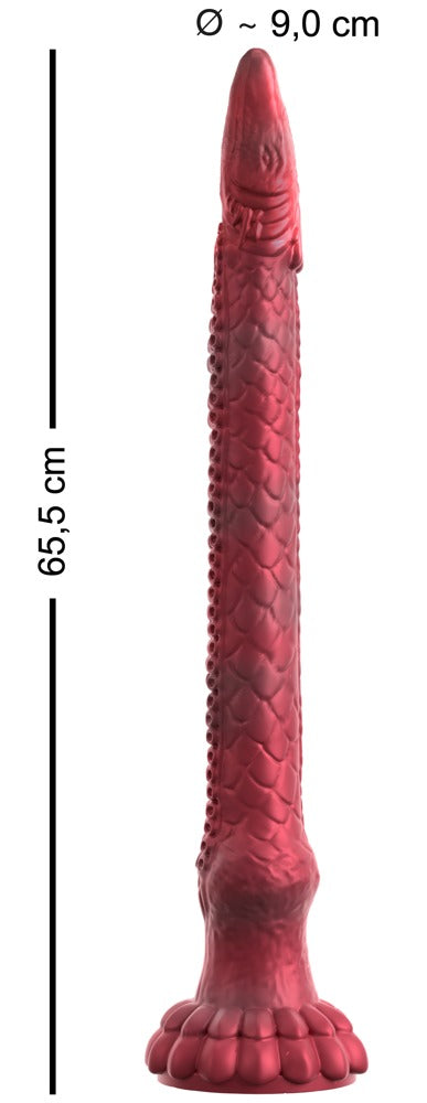 Maßgrafik des Beasty Cocks Enormous Eel XXL Fantasy-Dildos mit Gesamtlänge und Durchmesser