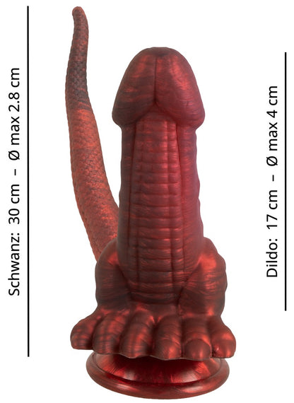 Maßgrafik des Beasty Cocks Panthera Double mit Größenangaben für Plug und Fantasy-Schwanz