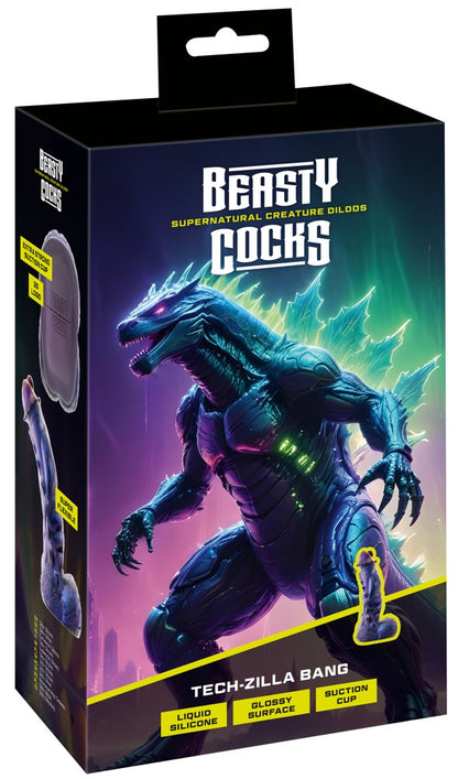 Beasty Cocks Tech-Zilla Bang in der Wendeverpackung mit reptilienartigem Kreaturenmotiv