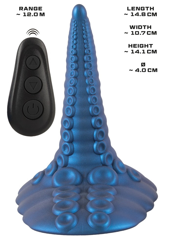 Maßgrafik des Beasty Cocks Tentacle Pad mit Produktmaßen und Fernbedienung