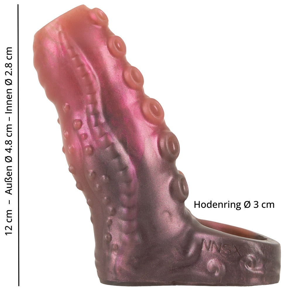 Maßgrafik der Beasty Cocks Tentacle Sleeve mit Länge, Innendurchmesser und Hodenring-Durchmesser