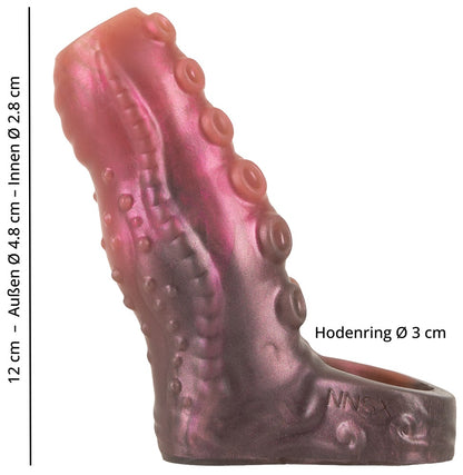 Maßgrafik der Beasty Cocks Tentacle Sleeve mit Länge, Innendurchmesser und Hodenring-Durchmesser