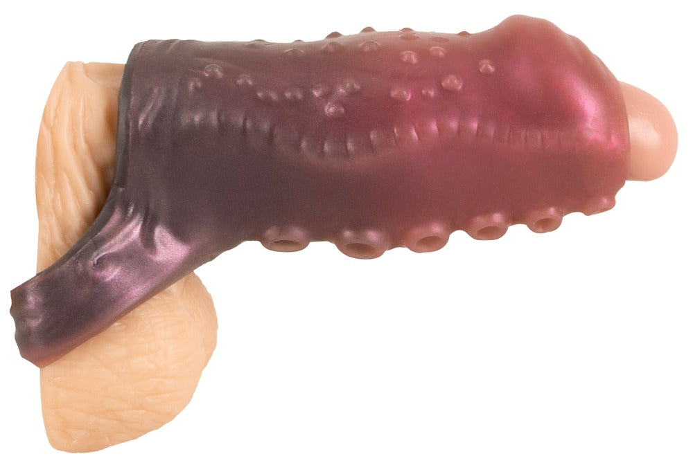 Anwendungsdarstellung der Beasty Cocks Tentacle Sleeve mit offener Spitze und Hodenring