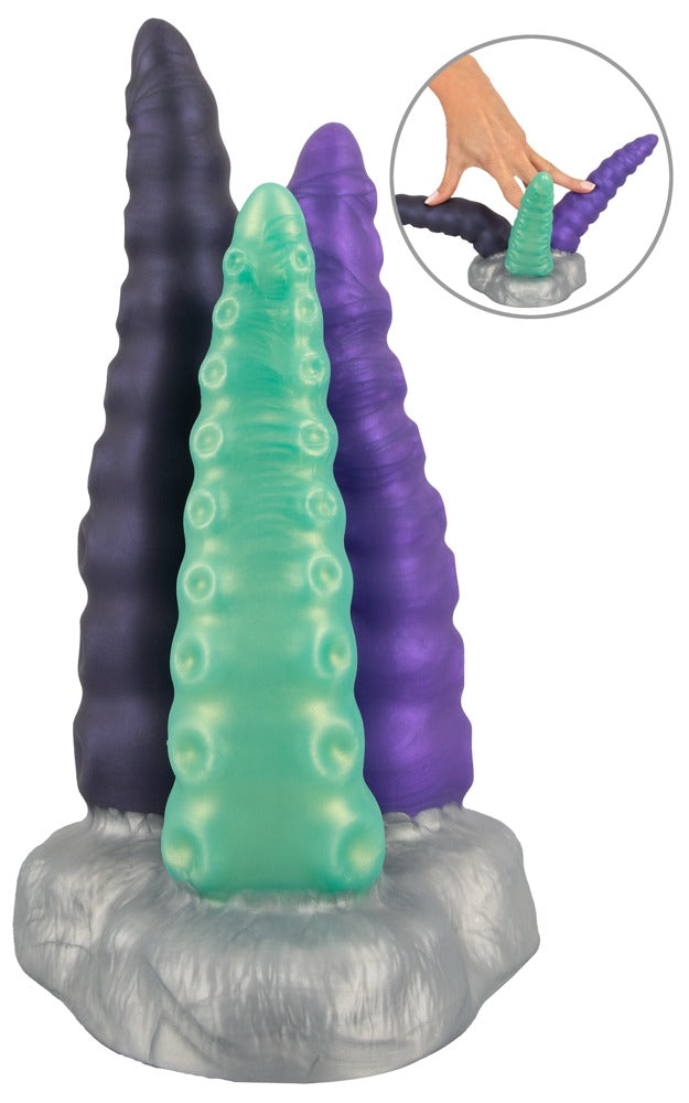 Beasty Cocks Triple Tentacle mit drei strukturierten Tentakeln und Detaildarstellungen der flexiblen Anwendung