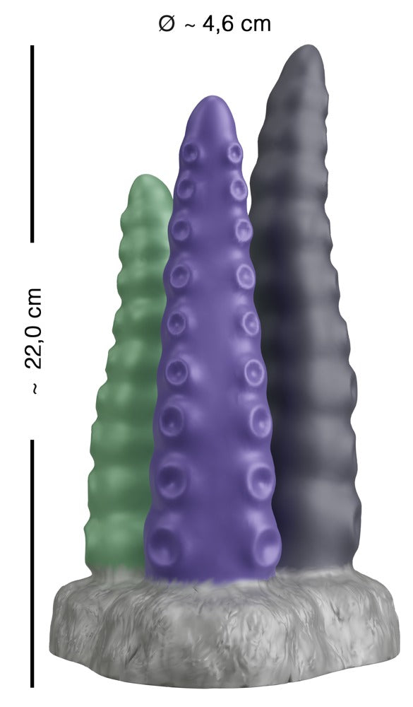 Maßgrafik des Beasty Cocks Triple Tentacle mit Gesamtlänge und unterschiedlichen Tentakellängen