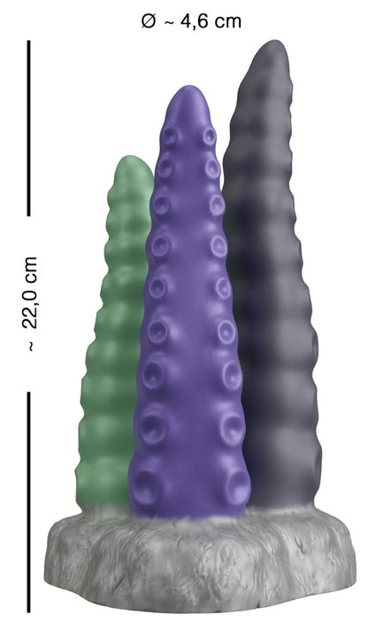 Maßgrafik des Beasty Cocks Triple Tentacle mit Gesamtlänge und unterschiedlichen Tentakellängen