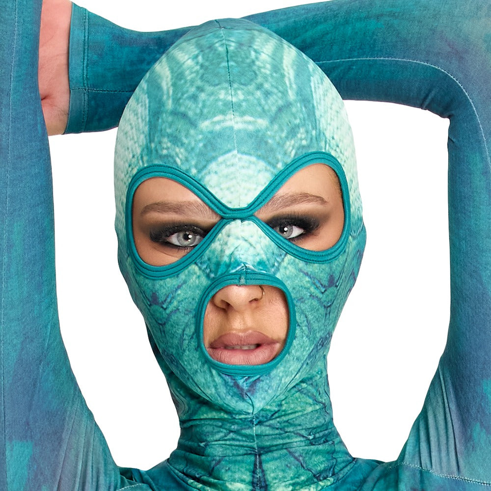 Beasty Suits Fantasy-Reptilien-Overall mit angenähter Kopfmaske und paspelierten Augen- und Mundöffnungen im Detail