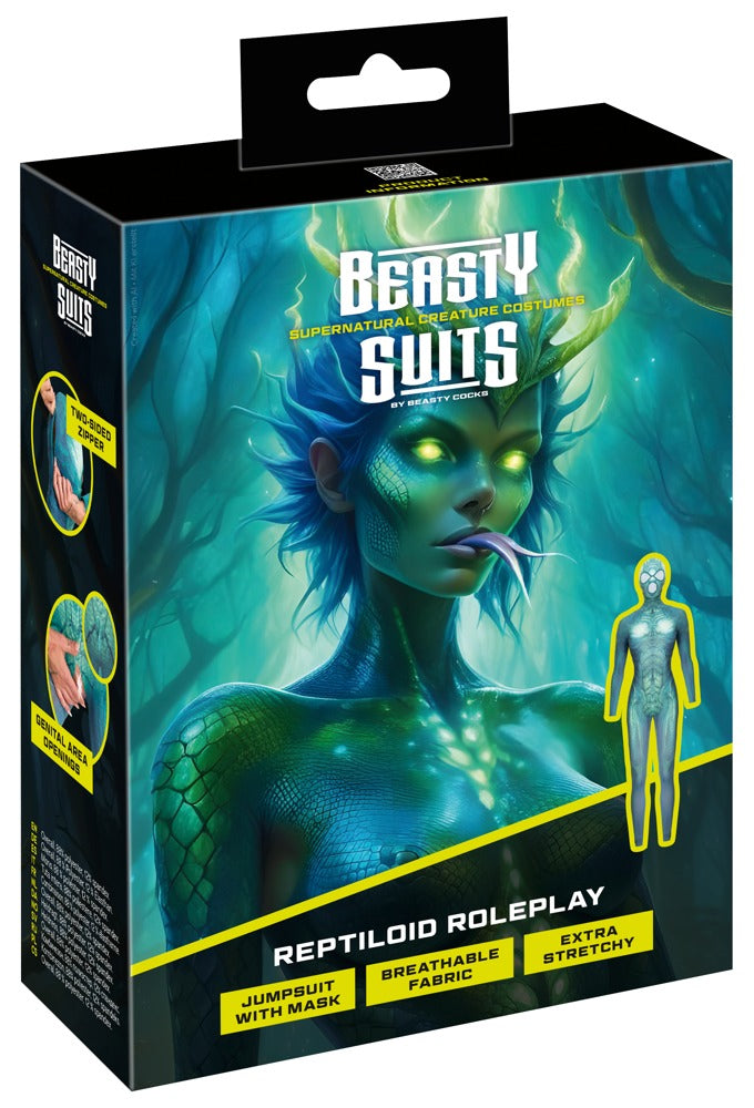 Vorderseite der Verpackung des Beasty Suits Fantasy-Reptilien-Overalls mit Kopfmaske