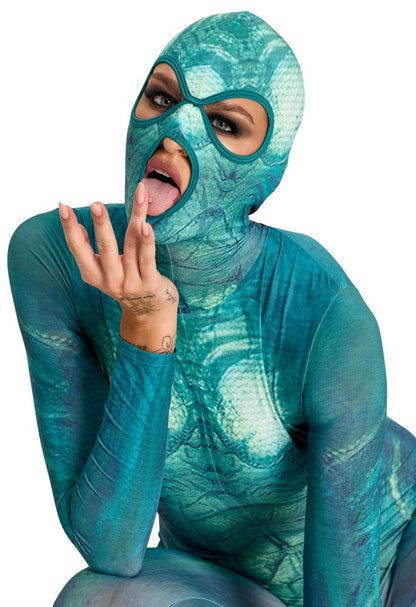 Model mit angenähter Kopfmaske des Beasty Suits Fantasy-Reptilien-Overalls