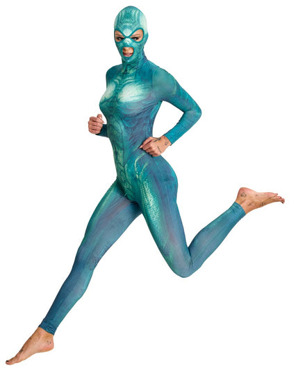 Model im elastischen Beasty Suits Fantasy-Reptilien-Overall in dynamischer Sprungpose