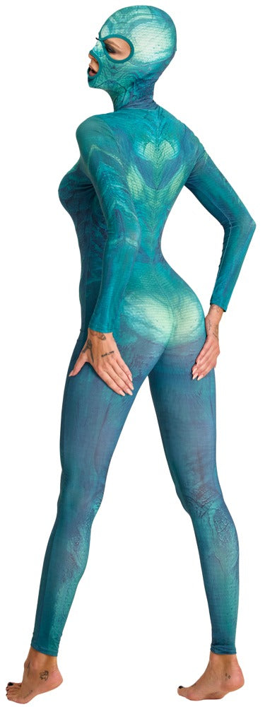Model trägt den hautengen Beasty Suits Fantasy-Reptilien-Overall in stehender Pose