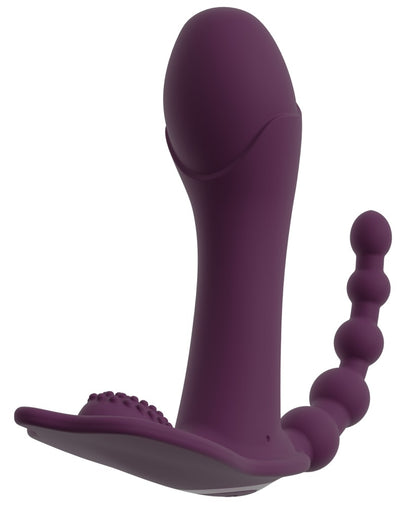 beau cœur ARIVA Triple Vibrator in Dunkelviolett – rückseitige Seitenansicht mit geschwungenem Schaft und genopptem Stimulationsarm