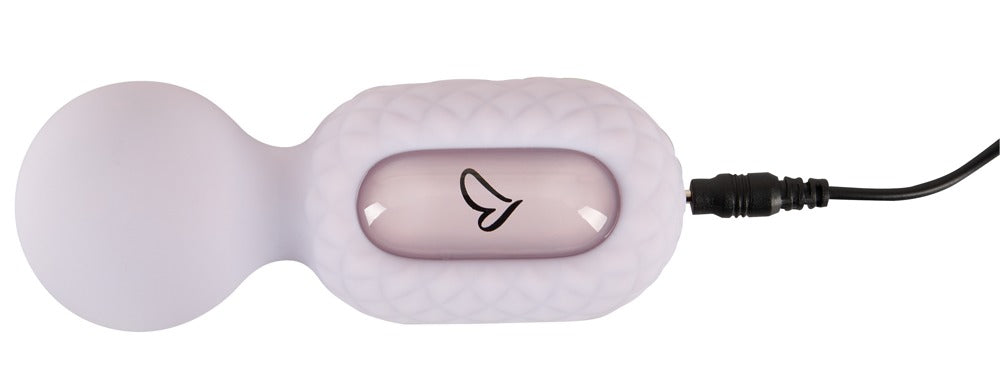 beau cœur CELORO Mini Wand in Helllila – liegende Produktansicht mit Bedienelement und angeschlossenem Ladekabel