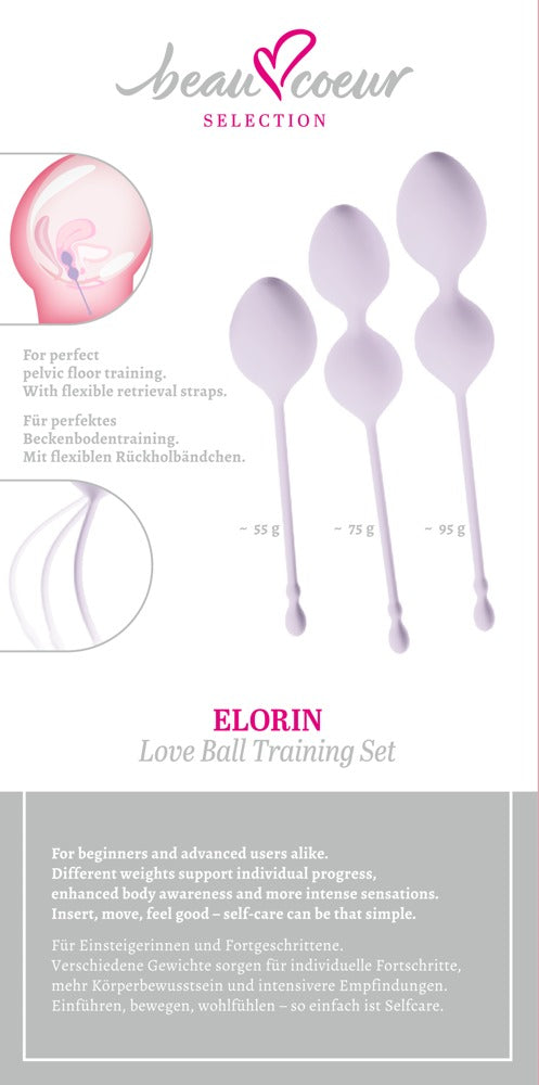 beau cœur ELORIN Liebeskugel-Set für individuelles Beckenbodentraining – Informationsgrafik mit den drei unterschiedlichen Varianten