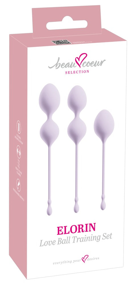 beau cœur ELORIN Liebeskugel-Set – drei lilafarbene Liebeskugeln zusammen mit der violett-weißen Verpackung