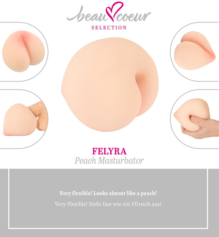 Übersichtsgrafik zum beau cœur FELYRA Peach Masturbator mit Produktansichten, Materialflexibilität und Anwendung